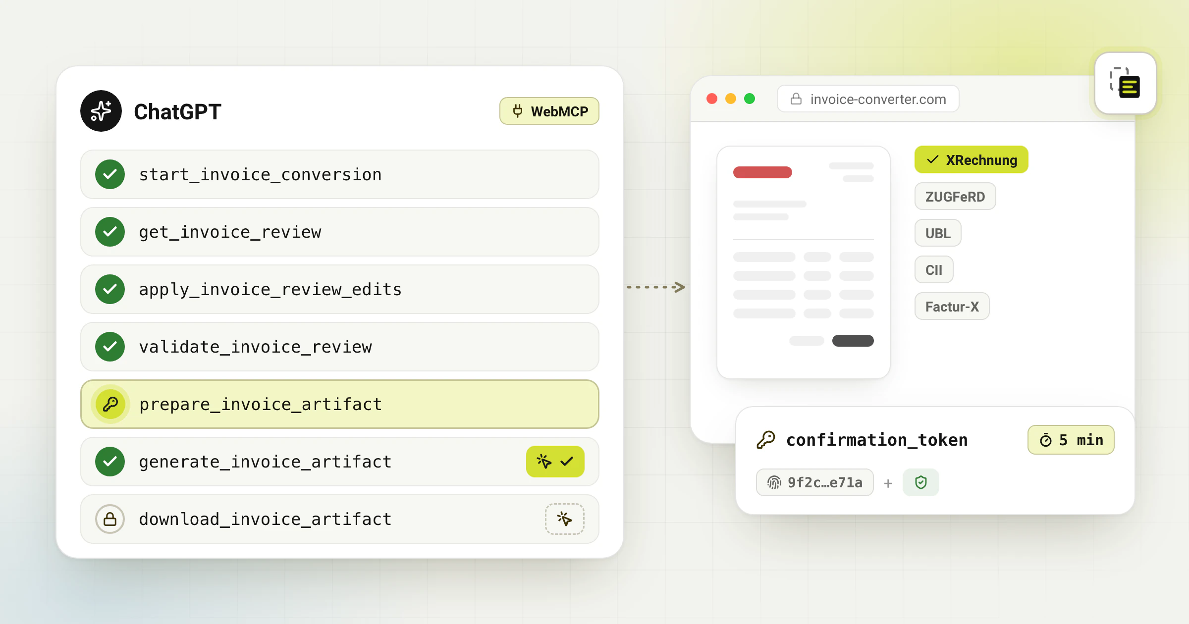 Conversione fatture WebMCP: revisione, validazione, generazione e download con ChatGPT